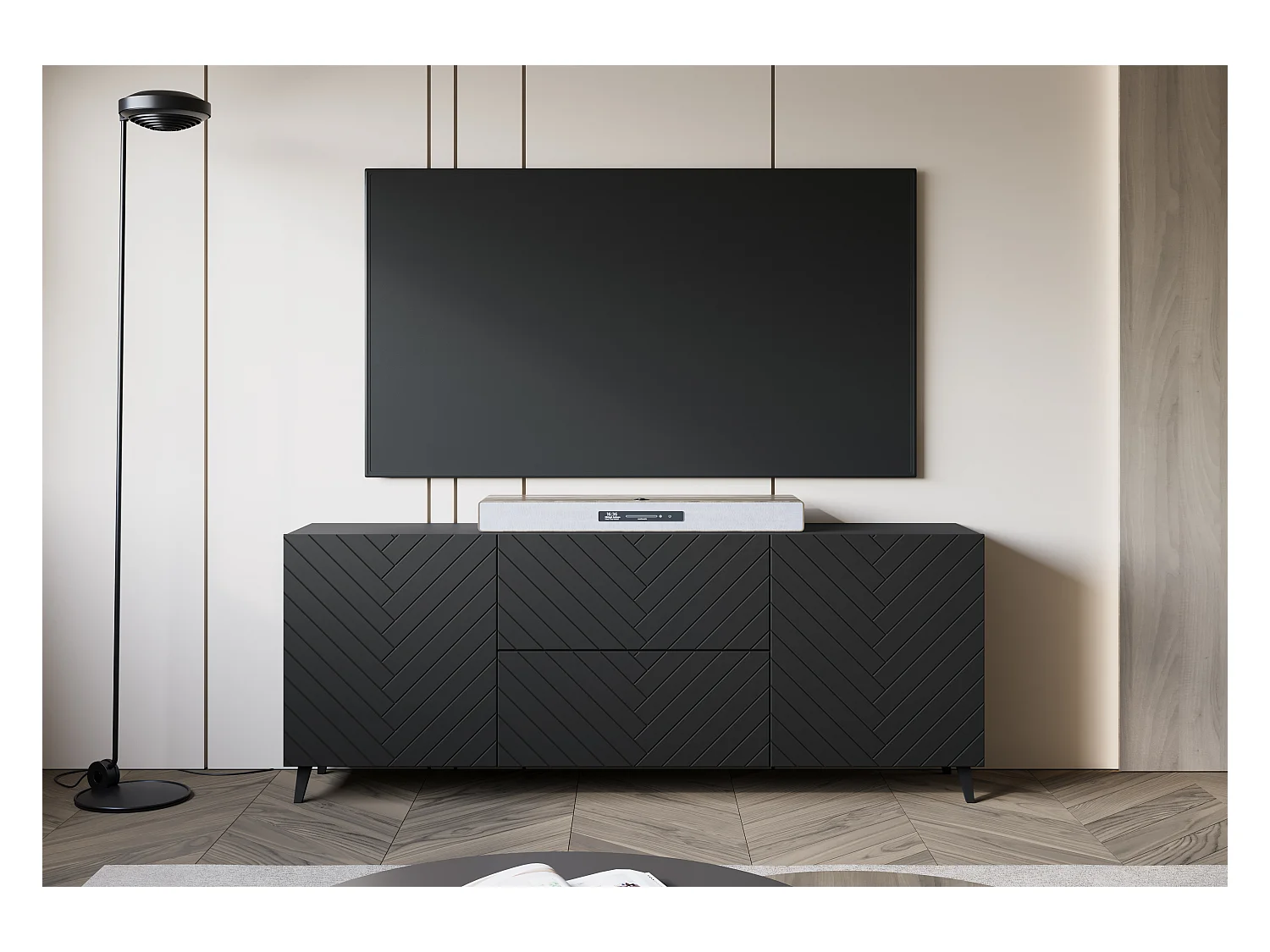Meuble TV moderne bas 180 cm noir graphite, lowboard avec motif chevrons, 2 tiroirs et 2 armoires latérales