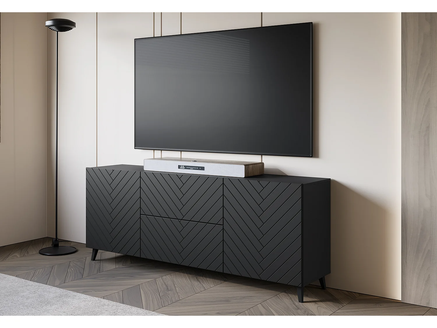 Meuble TV moderne bas 180 cm noir graphite, lowboard avec motif chevrons, 2 tiroirs et 2 armoires latérales
