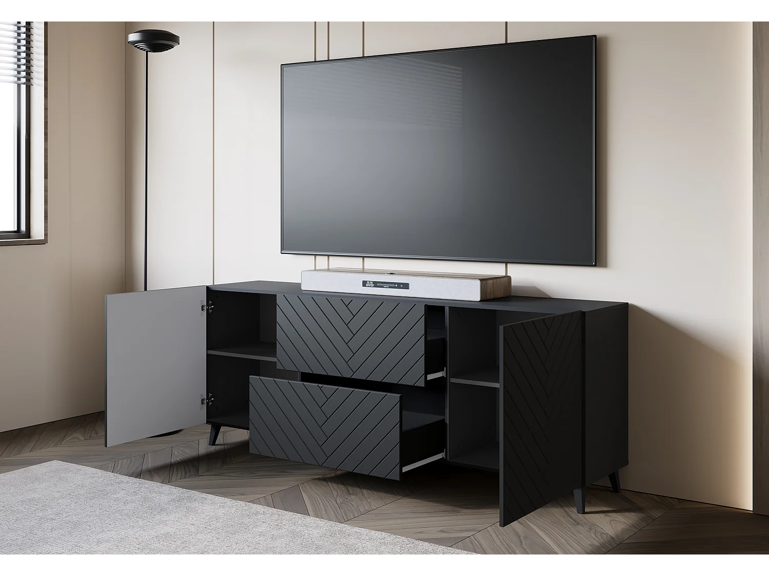 Meuble TV moderne bas 180 cm noir graphite, lowboard avec motif chevrons, 2 tiroirs et 2 armoires latérales