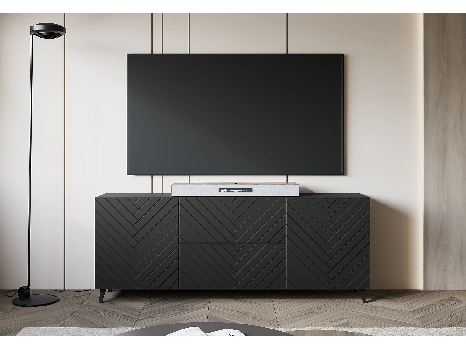 Meuble TV moderne bas 180 cm noir graphite, lowboard avec motif chevrons, 2 tiroirs et 2 armoires latérales