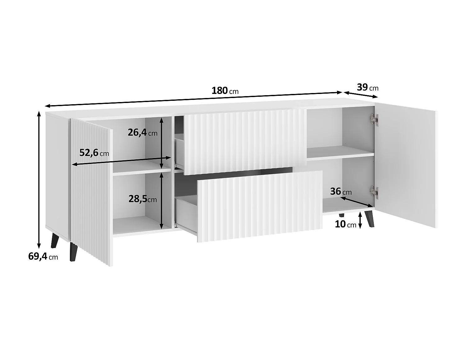 Meuble TV moderne bas 180 cm noir graphite, lowboard avec motif chevrons, 2 tiroirs et 2 armoires latérales