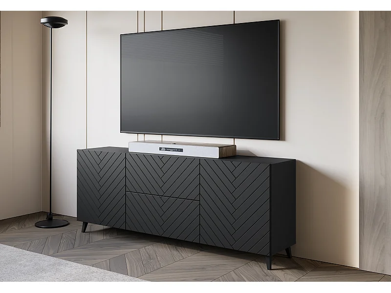 Lowboard moderno 180 cm grafite preto, móvel de TV em padrão espinha de peixe com 2 gavetas e 2 armários laterais