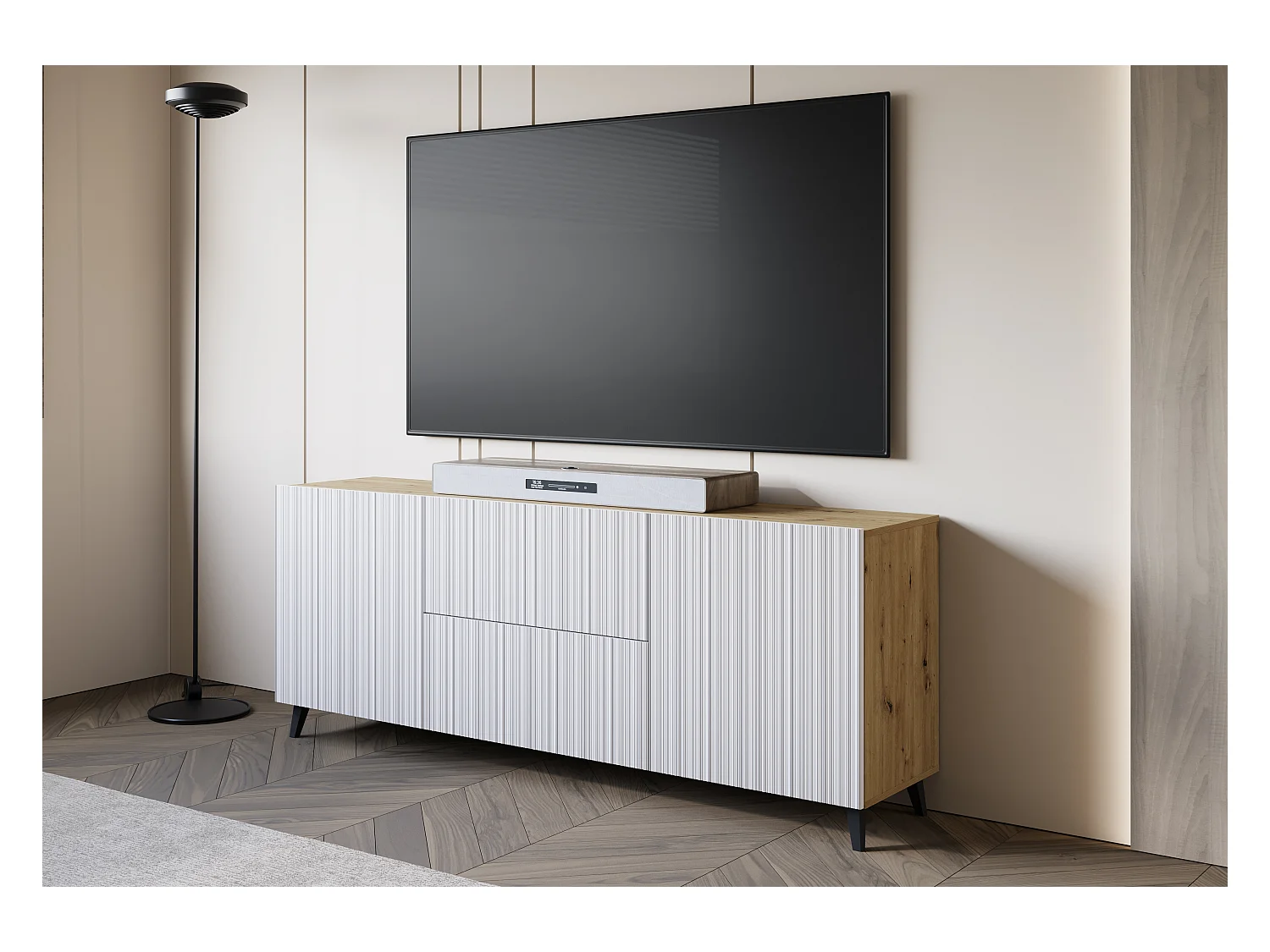 Lowboard moderne 180 cm chêne artisan avec façades blanches rainurées, 2 tiroirs et 2 armoires latérales