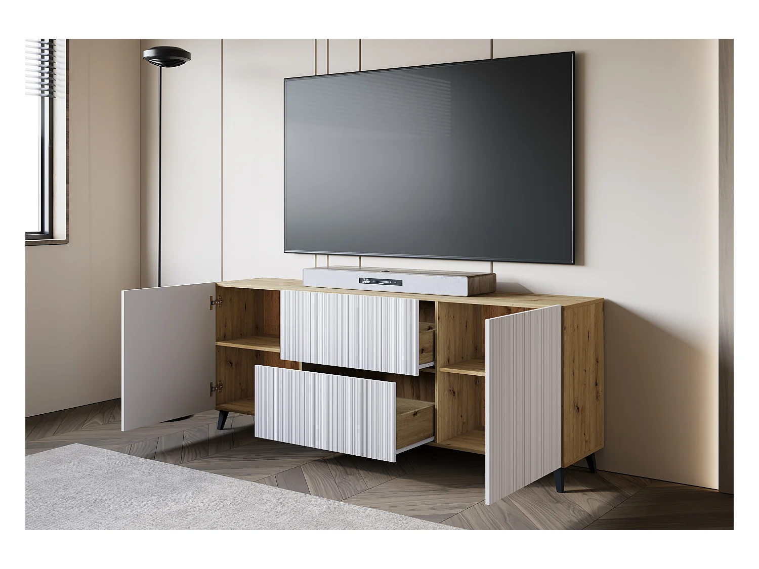 Lowboard moderne 180 cm chêne artisan avec façades blanches rainurées, 2 tiroirs et 2 armoires latérales