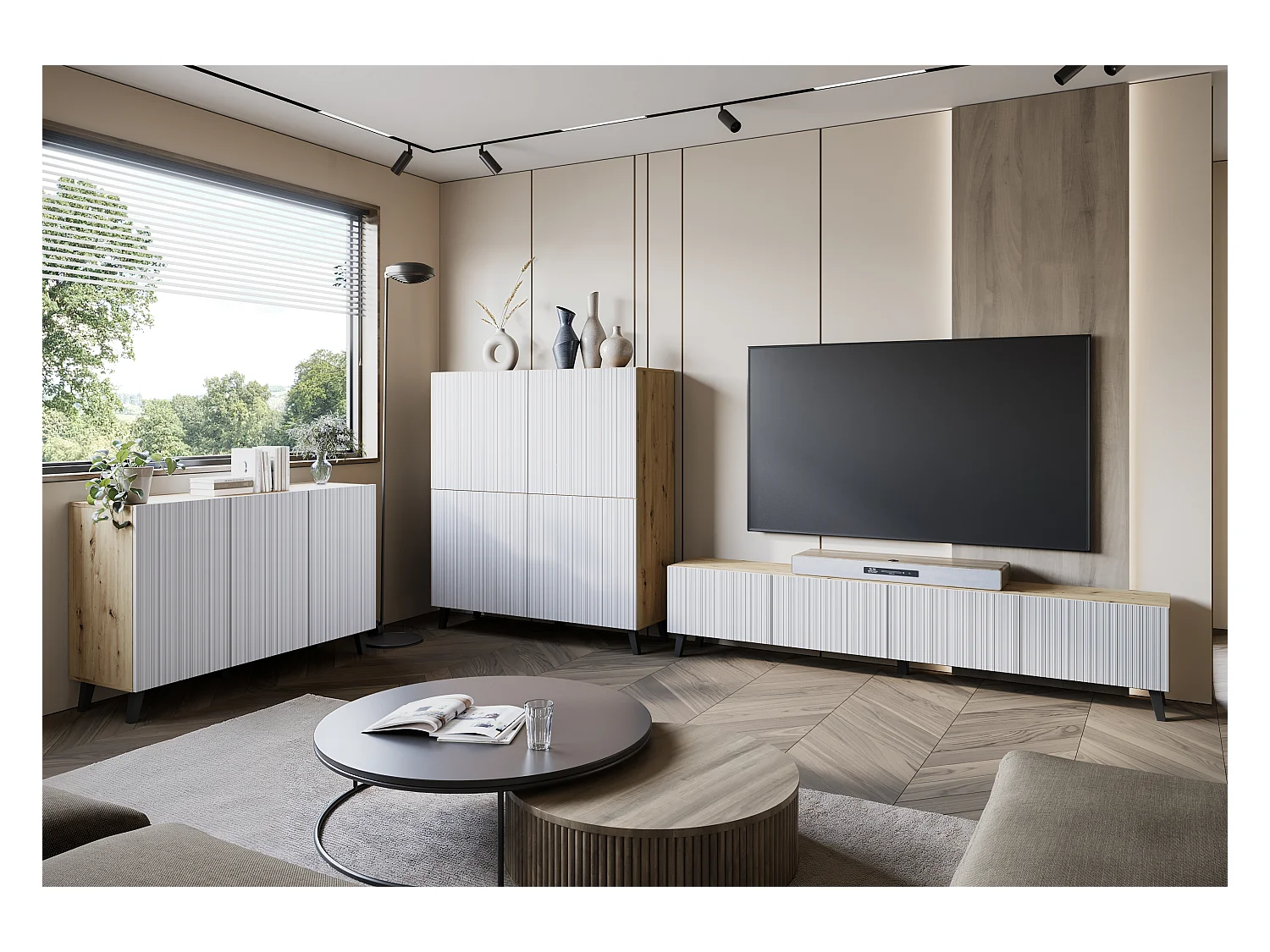 Lowboard moderne 180 cm chêne artisan avec façades blanches rainurées, 2 tiroirs et 2 armoires latérales