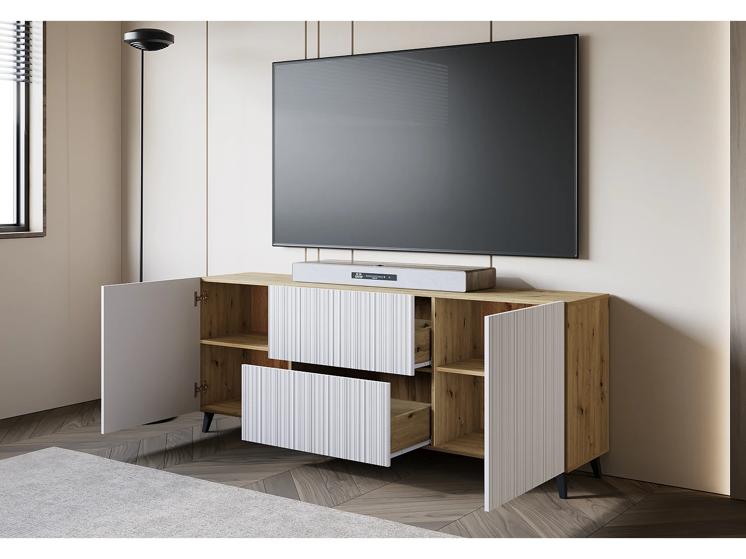 Lowboard moderno 180 cm carvalho artisan com frentes brancas caneladas, 2 gavetas e 2 armários laterais