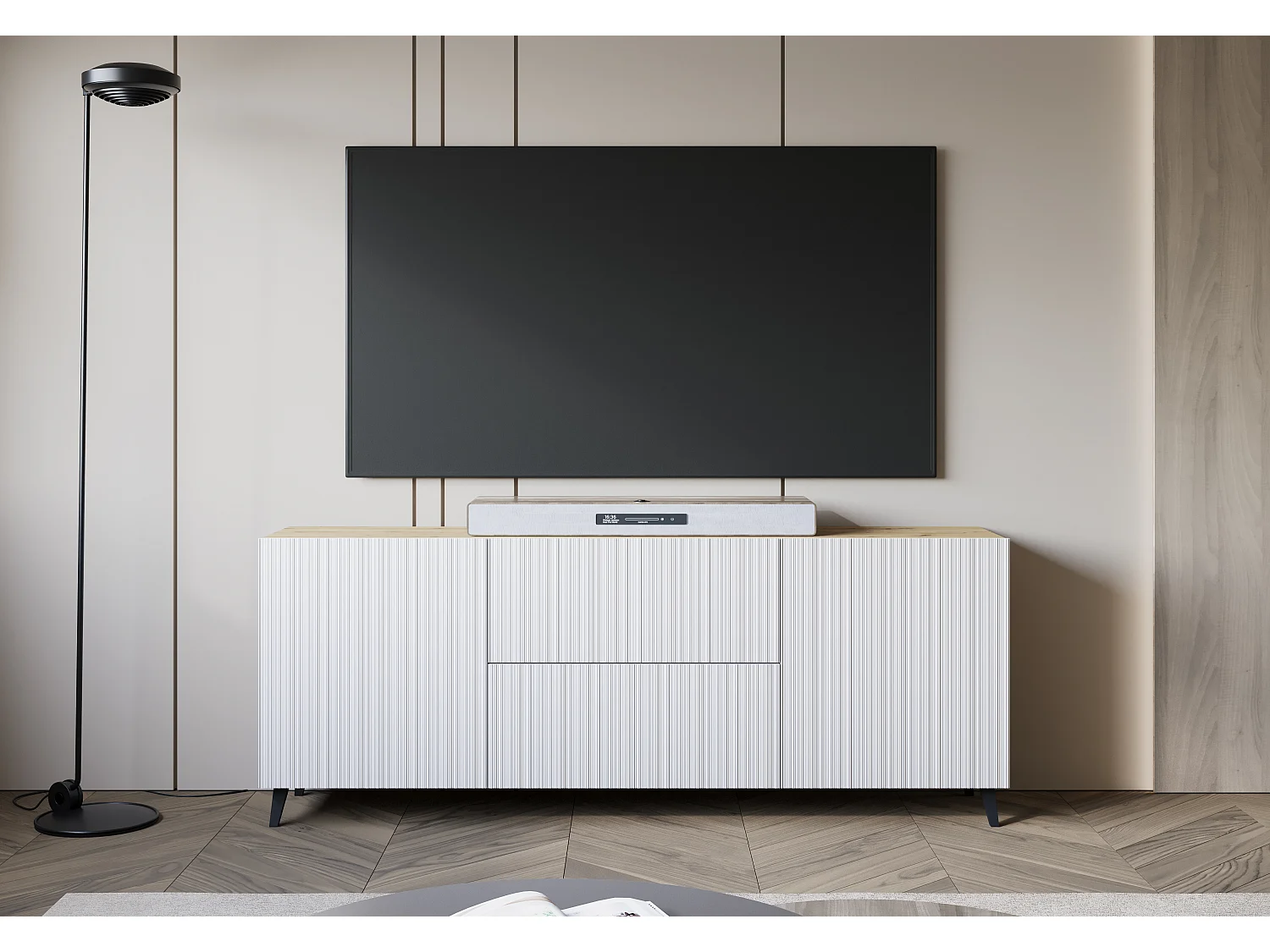 Lowboard moderno 180 cm carvalho artisan com frentes brancas caneladas, 2 gavetas e 2 armários laterais