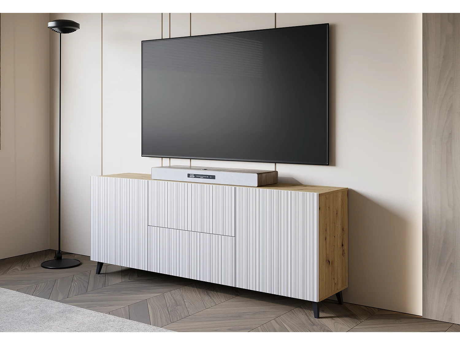 TV-bänk PHUKET 181 cm, TV-möbel på ben, skänk för vardagsrum, färg ek artisan/vit vågig