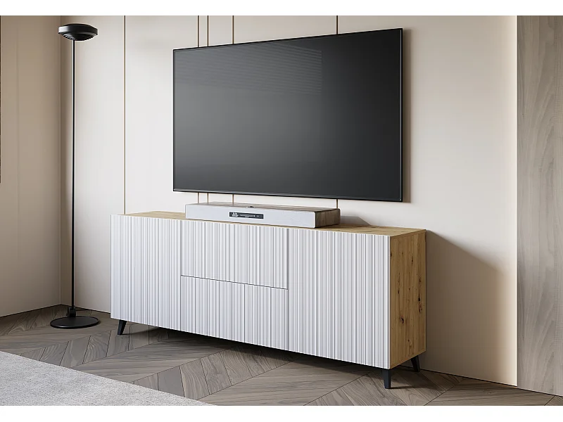 Lowboard moderne 180 cm chêne artisan avec façades blanches rainurées, 2 tiroirs et 2 armoires latérales