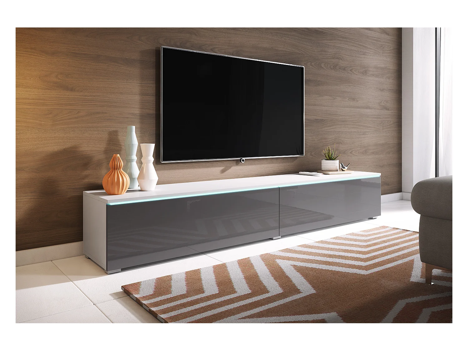 Moderne tv-meubel 180 cm voor de woonkamer – 2-deurs, greeploos, mat + glans, staand of hangend, wit / grijs glans