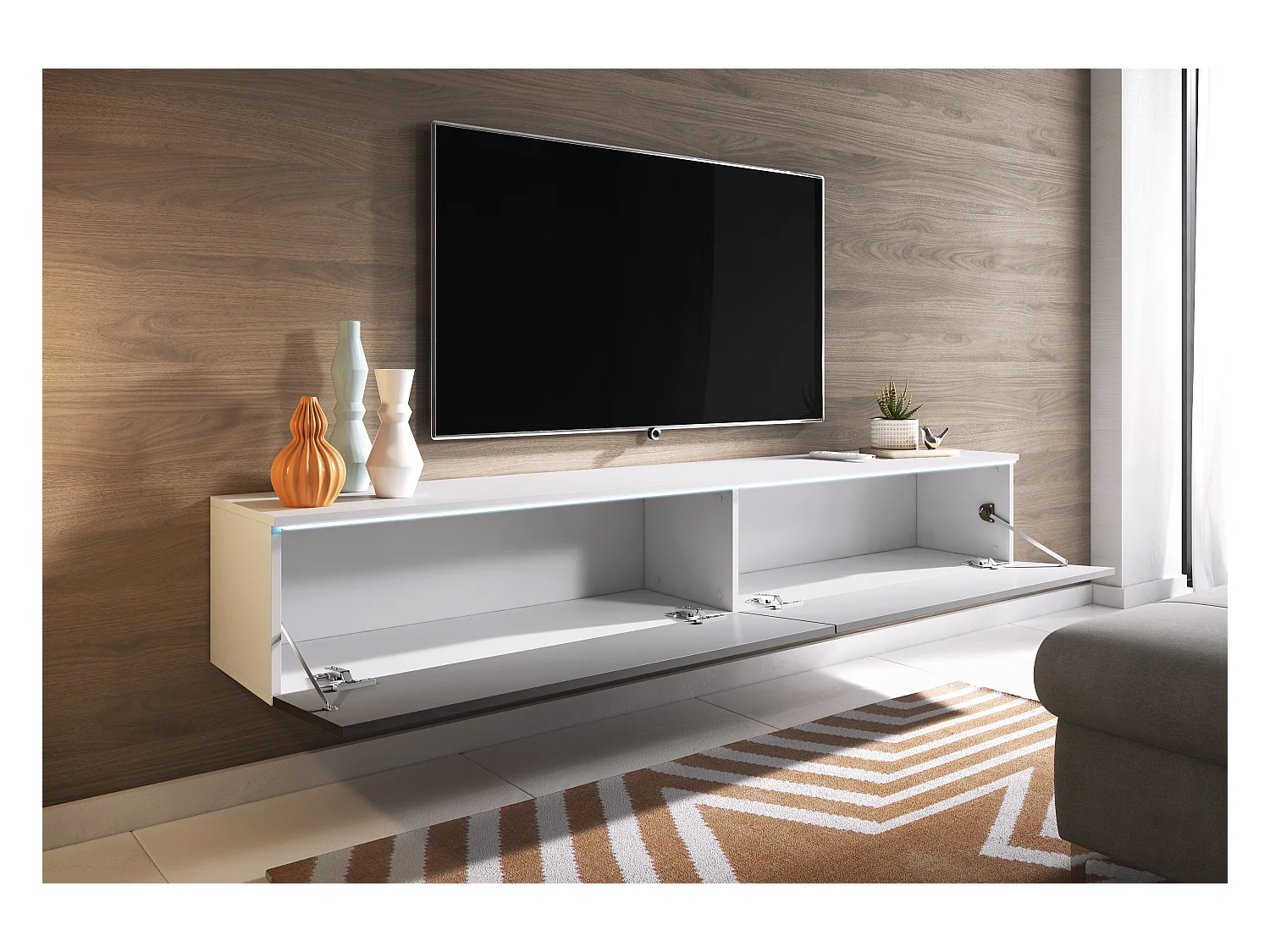 Moderne tv-meubel 180 cm voor de woonkamer – 2-deurs, greeploos, mat + glans, staand of hangend, wit / grijs glans