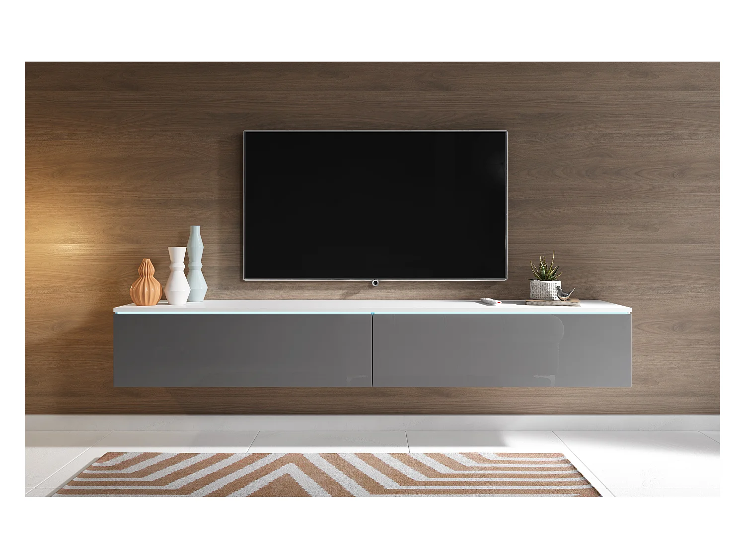 Moderne tv-meubel 180 cm voor de woonkamer – 2-deurs, greeploos, mat + glans, staand of hangend, wit / grijs glans