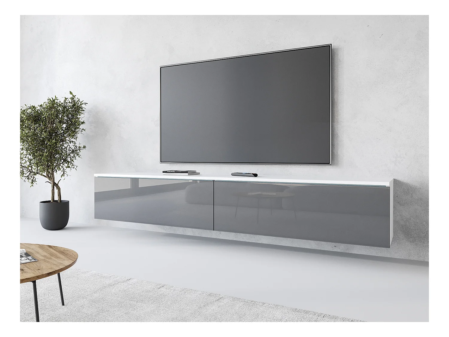 Meuble TV moderne 180 cm pour salon – 2 portes, sans poignées, mat + brillant, à poser ou à suspendre, blanc / gris brillant