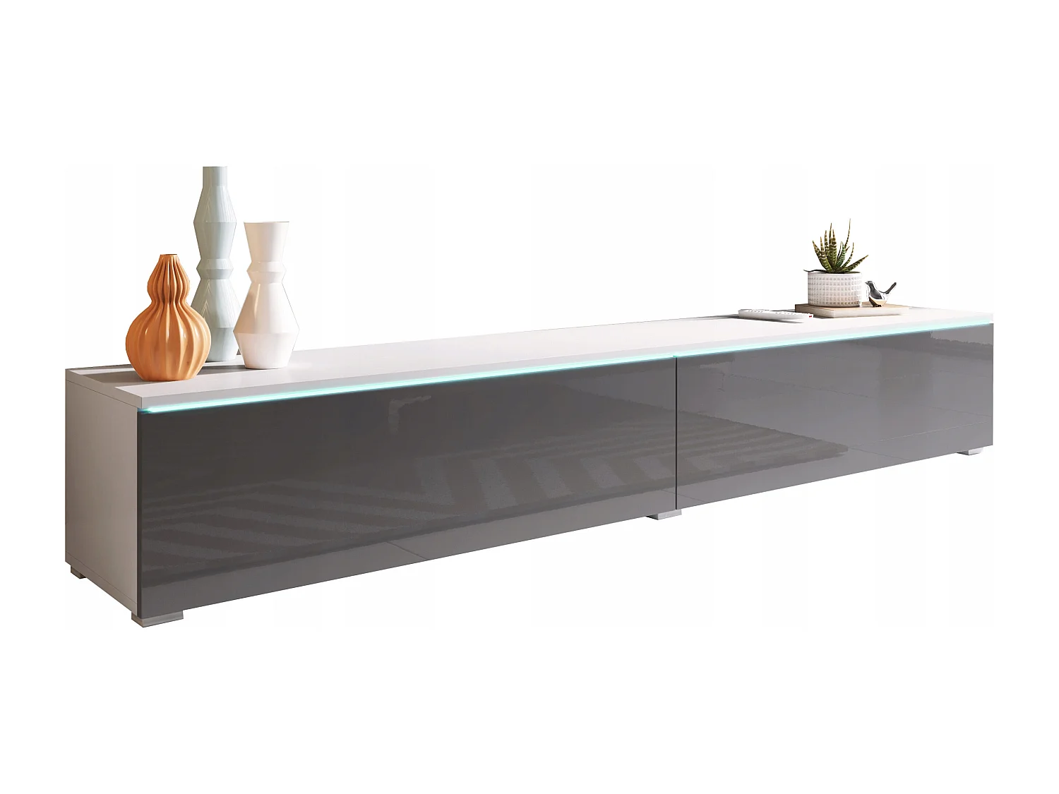 Meuble TV moderne 180 cm pour salon – 2 portes, sans poignées, mat + brillant, à poser ou à suspendre, blanc / gris brillant