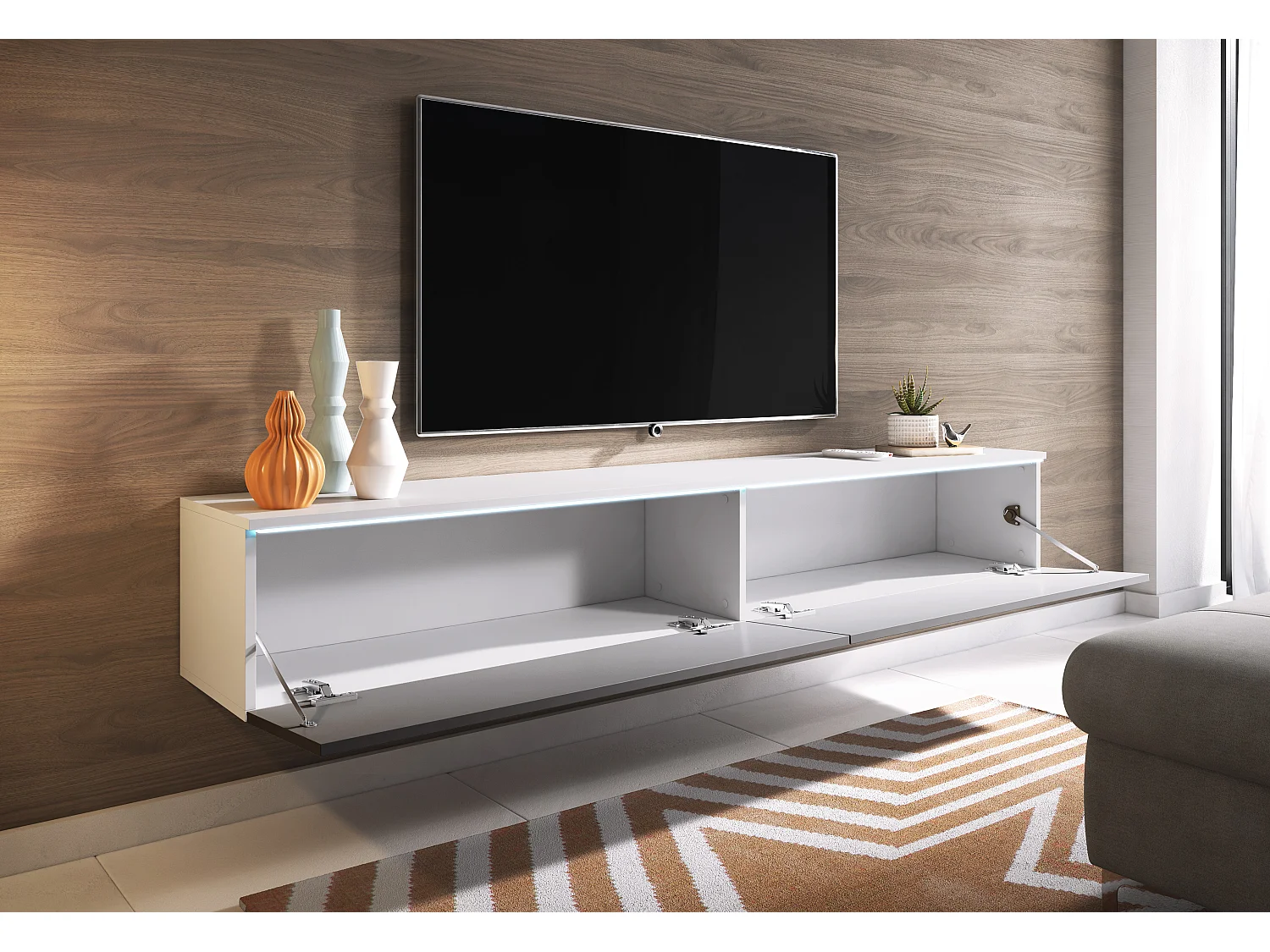 Meuble TV moderne 180 cm pour salon – 2 portes, sans poignées, mat + brillant, à poser ou à suspendre, blanc / gris brillant