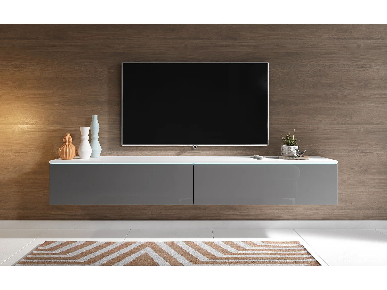 Meuble TV moderne 180 cm pour salon – 2 portes, sans poignées, mat + brillant, à poser ou à suspendre, blanc / gris brillant