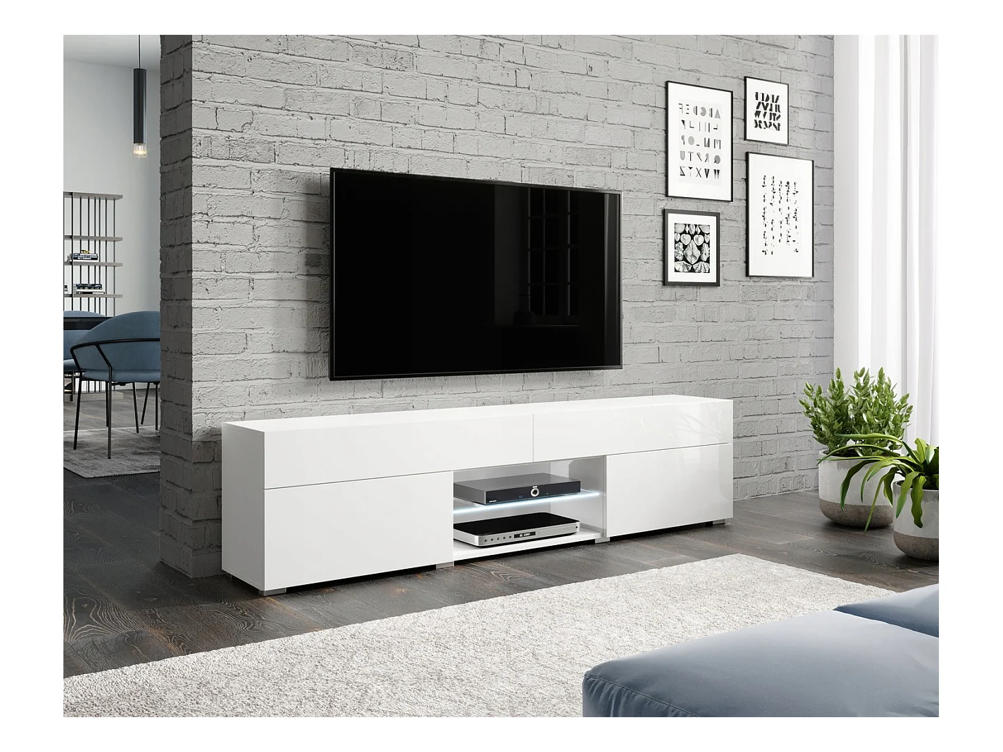 Meuble TV moderne lowboard 180 cm pour salon, blanc mat/blanc brillant, sur pied, avec tiroirs et étagères
