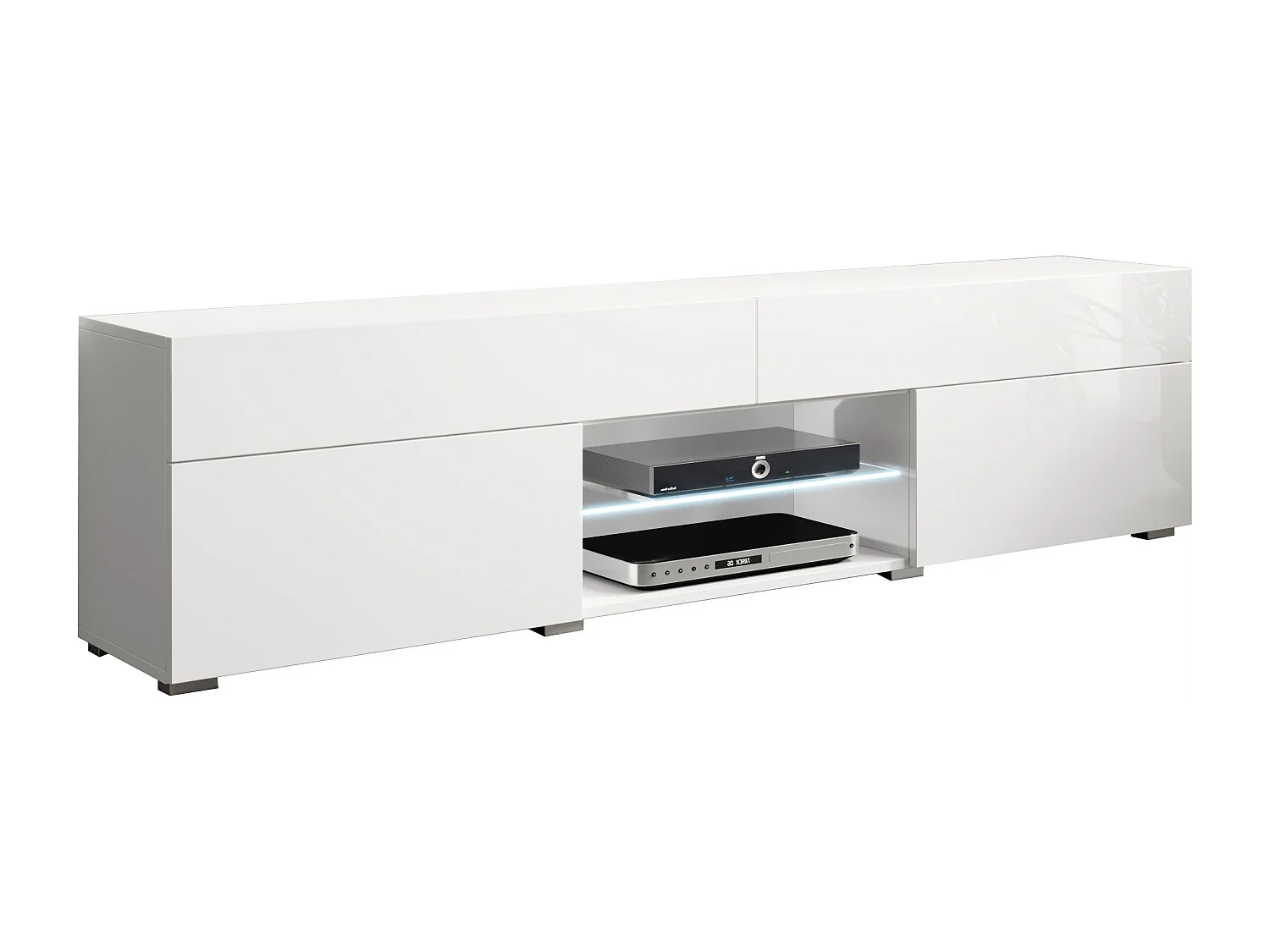Meuble TV moderne lowboard 180 cm pour salon, blanc mat/blanc brillant, sur pied, avec tiroirs et étagères