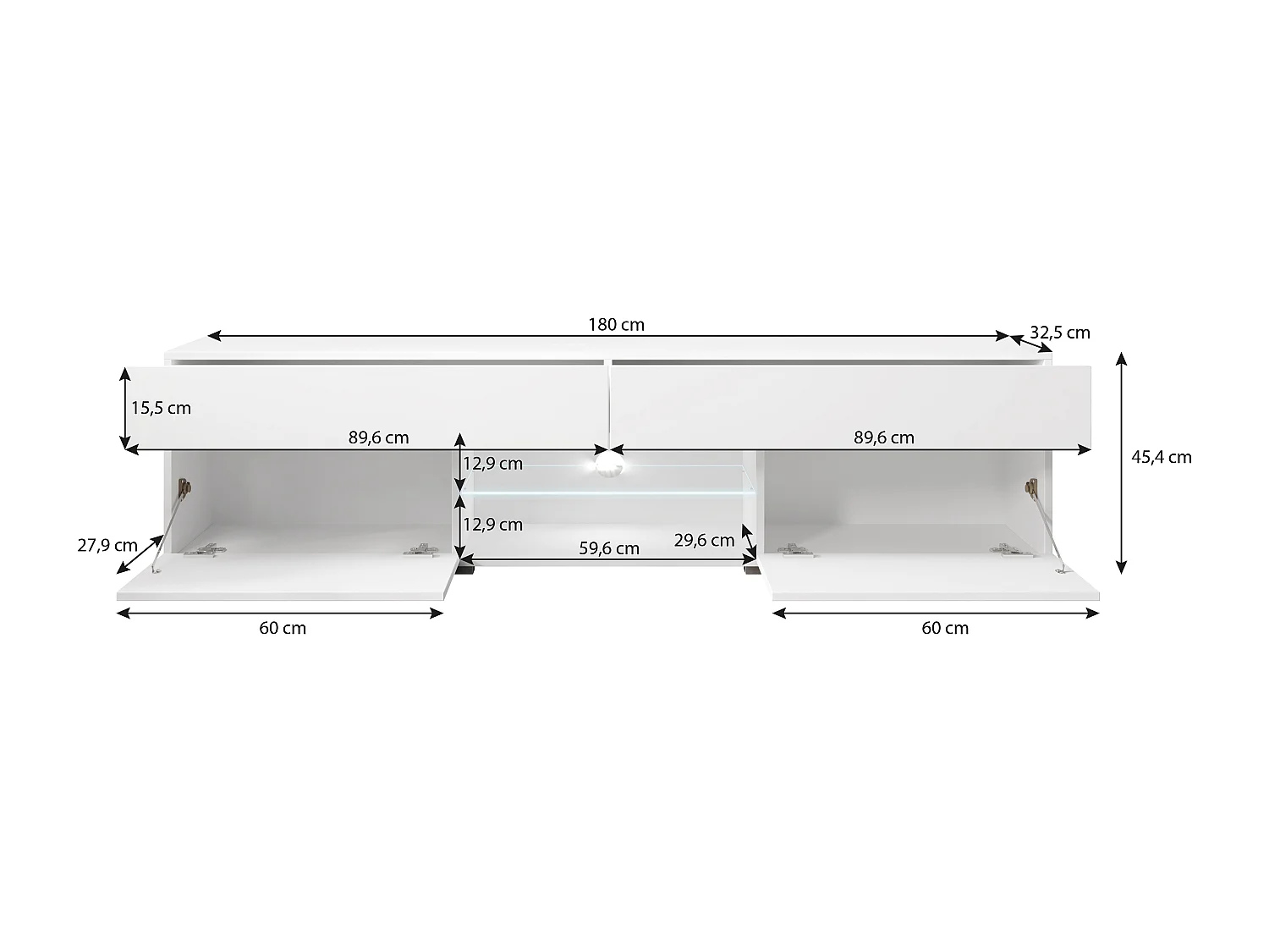 Meuble TV moderne lowboard 180 cm pour salon, blanc mat/blanc brillant, sur pied, avec tiroirs et étagères