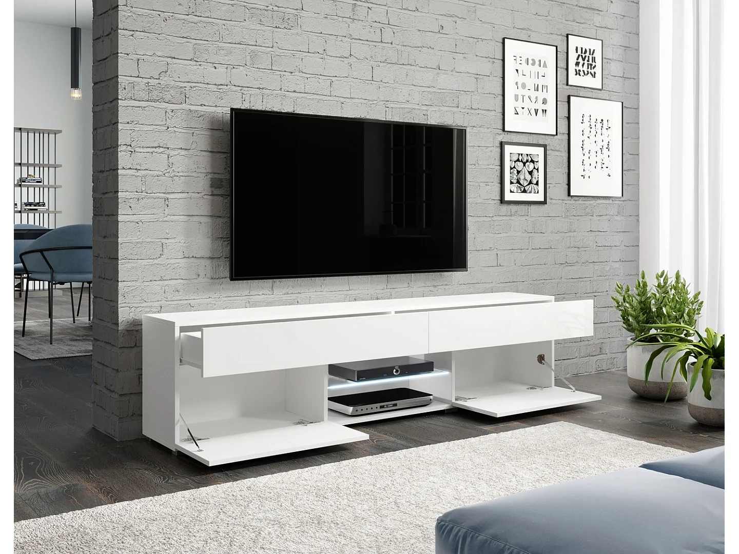 Meuble TV moderne lowboard 180 cm pour salon, blanc mat/blanc brillant, sur pied, avec tiroirs et étagères