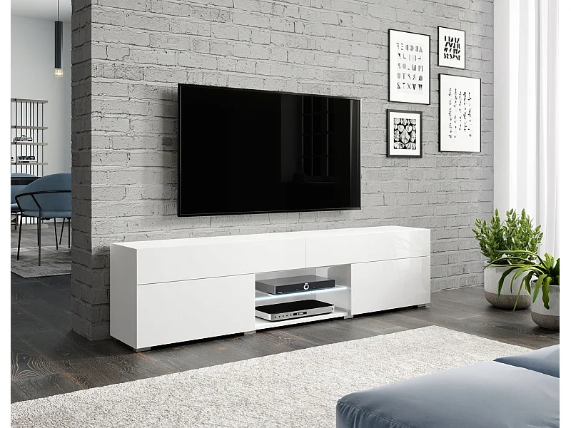 Meuble TV moderne lowboard 180 cm pour salon, blanc mat/blanc brillant, sur pied, avec tiroirs et étagères