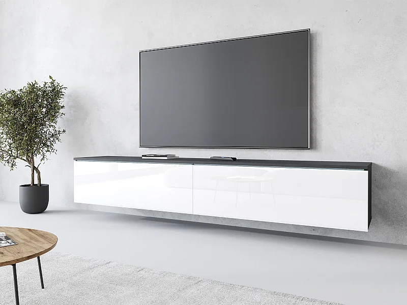Mueble de TV moderno 180 cm para salón – 2 puertas, sin tiradores, mate + brillo, para colocar o colgar, matera / blanco brillo
