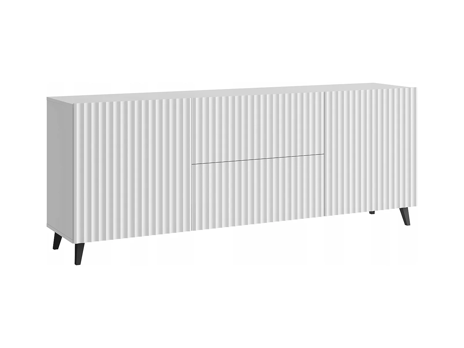 Moderne lowboard 180 cm wit, tv-meubel met geribbelde fronten, 2 lades en 2 zijkasten