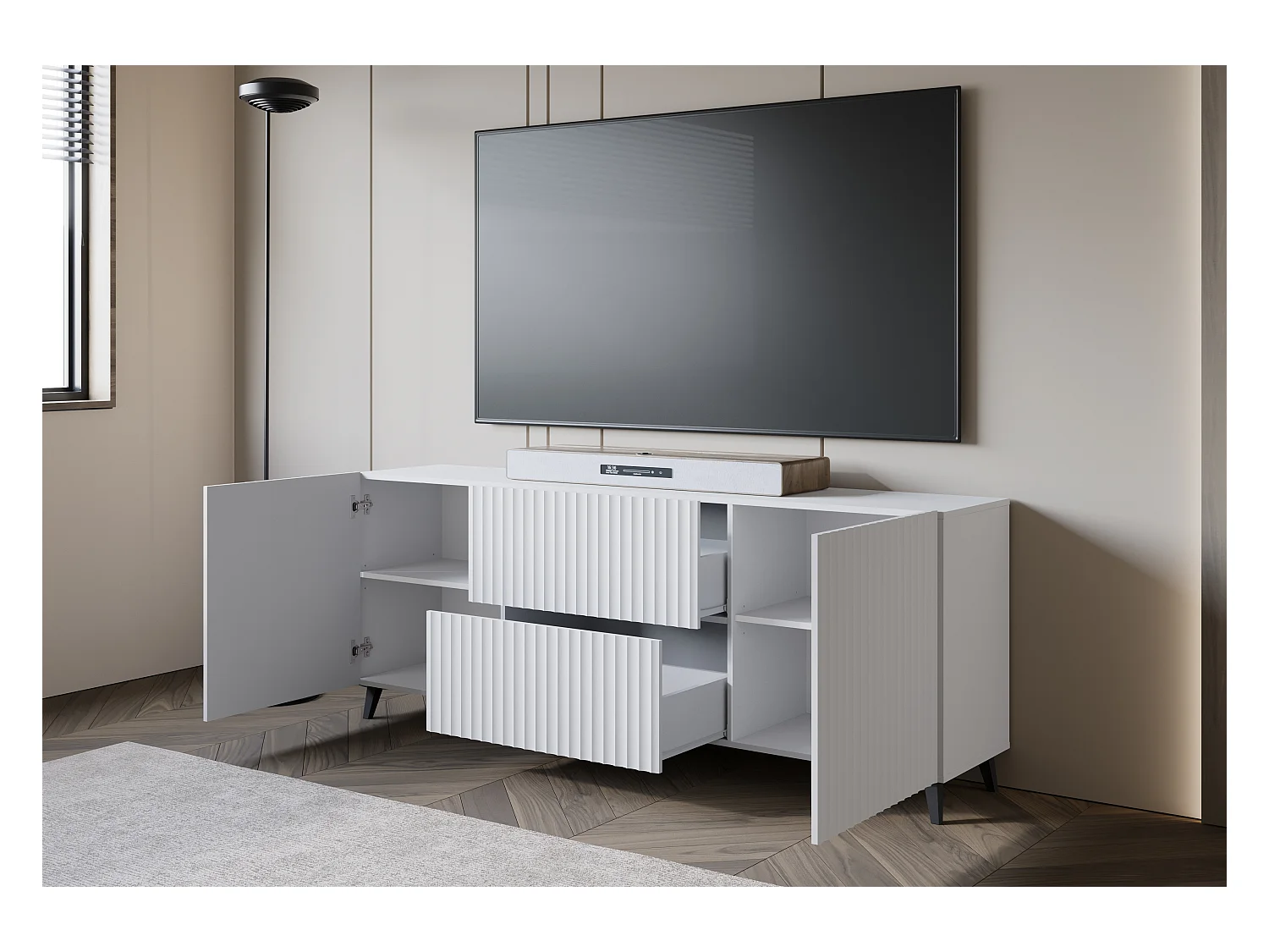 Moderne lowboard 180 cm wit, tv-meubel met geribbelde fronten, 2 lades en 2 zijkasten