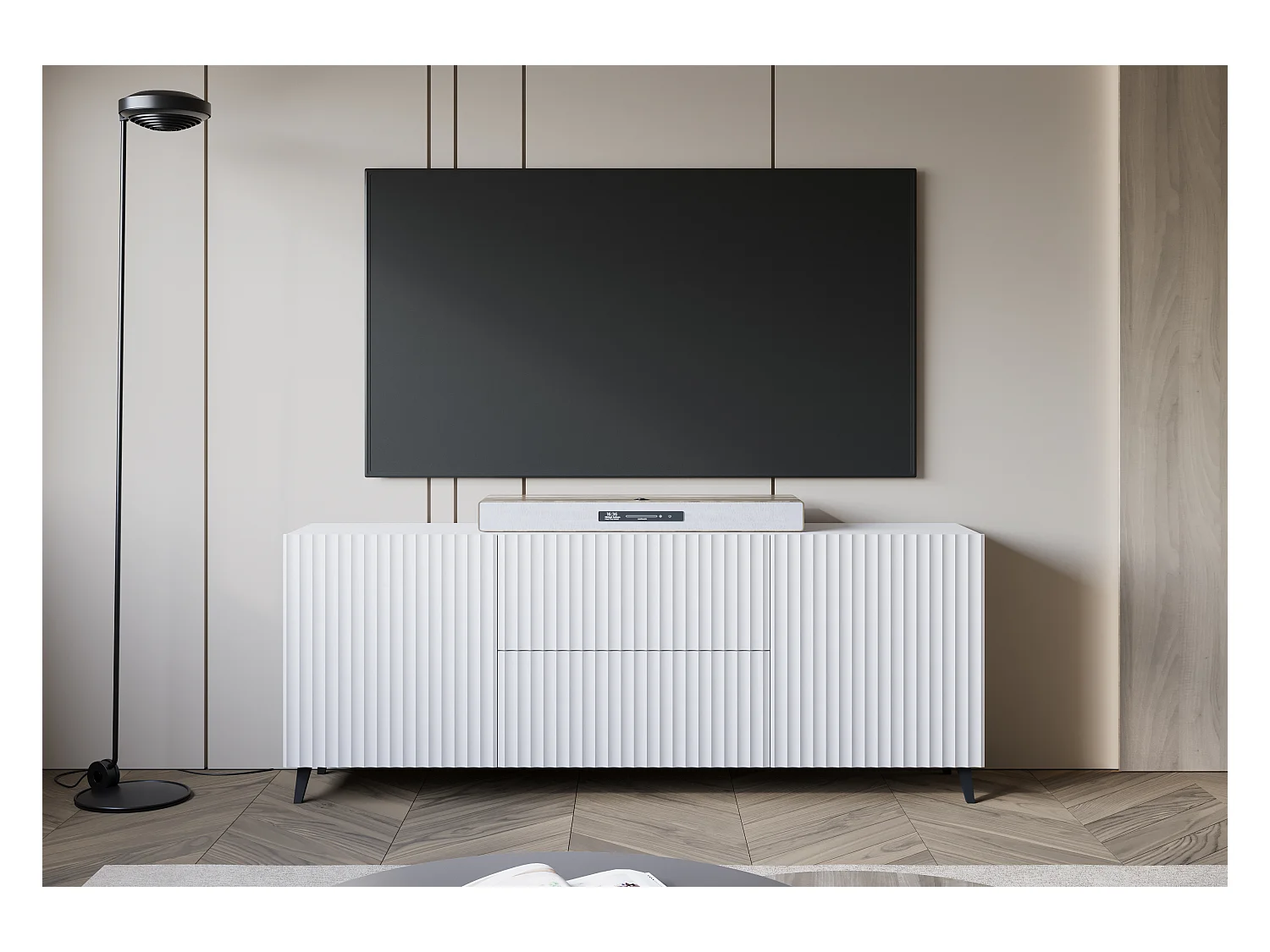 Moderne lowboard 180 cm wit, tv-meubel met geribbelde fronten, 2 lades en 2 zijkasten
