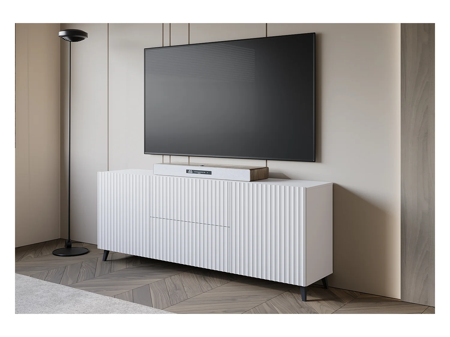 Meuble TV moderne bas 180 cm blanc, lowboard avec façades rainurées, 2 tiroirs et 2 armoires latérales