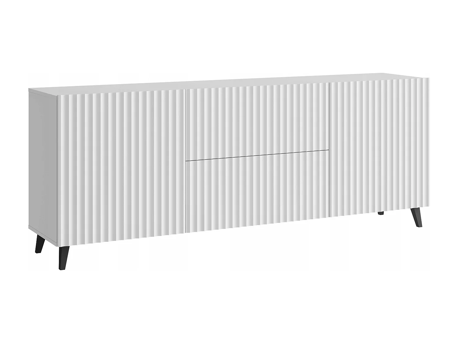 Meuble TV moderne bas 180 cm blanc, lowboard avec façades rainurées, 2 tiroirs et 2 armoires latérales