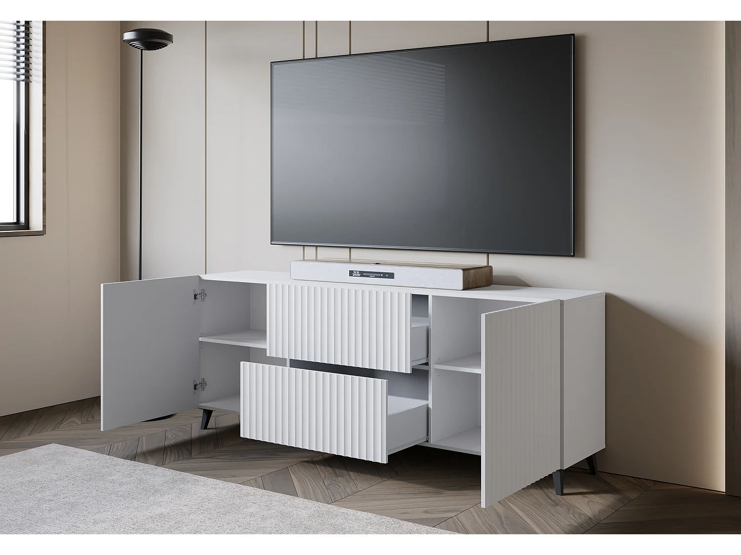 Meuble TV moderne bas 180 cm blanc, lowboard avec façades rainurées, 2 tiroirs et 2 armoires latérales