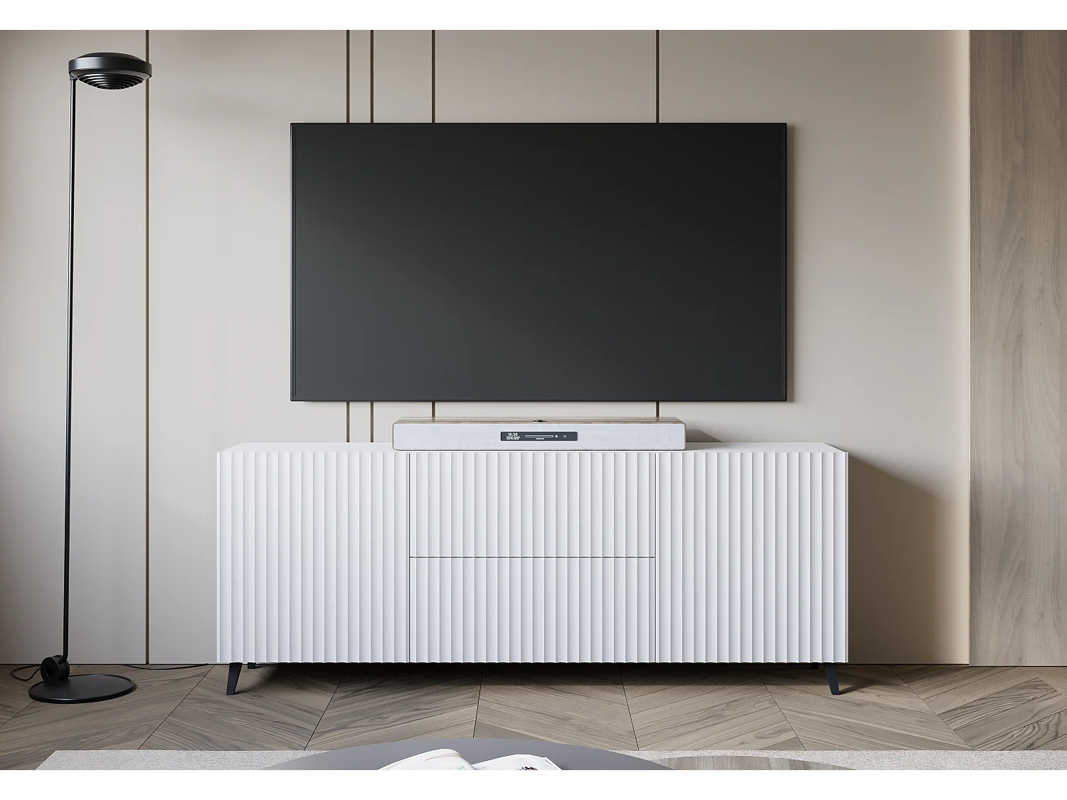 Meuble TV moderne bas 180 cm blanc, lowboard avec façades rainurées, 2 tiroirs et 2 armoires latérales