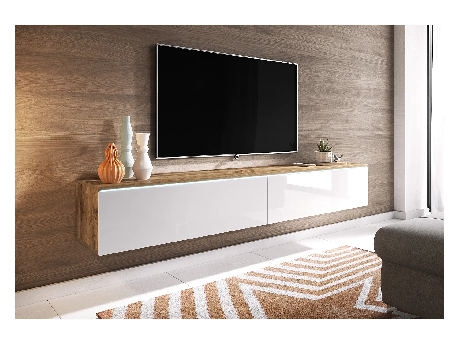 Moderne tv-meubel 180 cm voor de woonkamer – 2-deurs, greeploos, mat + glans, staand of hangend, wotan eik / wit glans
