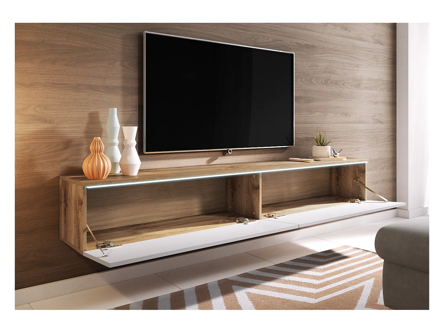 Moderne tv-meubel 180 cm voor de woonkamer – 2-deurs, greeploos, mat + glans, staand of hangend, wotan eik / wit glans