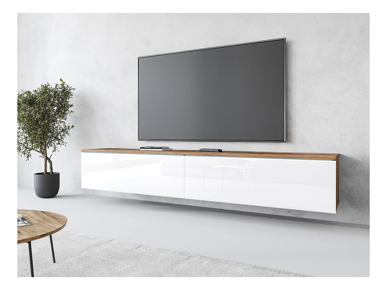 Meuble TV moderne 180 cm pour salon – 2 portes, sans poignées, mat + brillant, à poser ou à suspendre, chêne wotan / blanc brillant