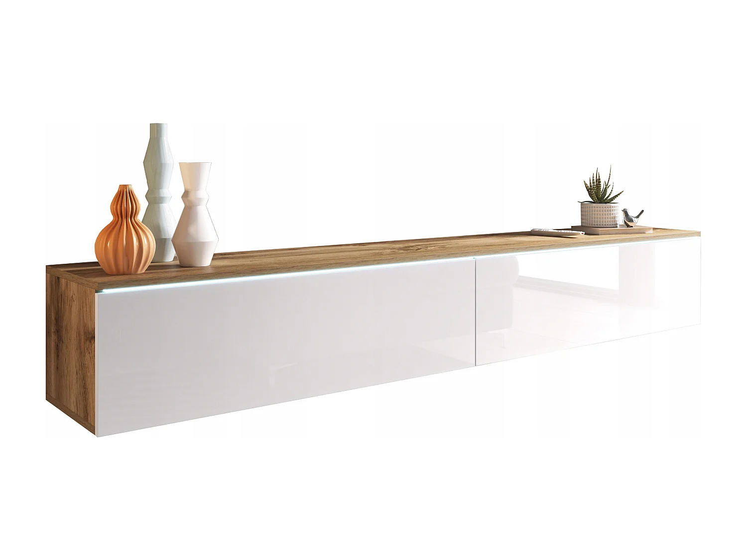 Meuble TV moderne 180 cm pour salon – 2 portes, sans poignées, mat + brillant, à poser ou à suspendre, chêne wotan / blanc brillant