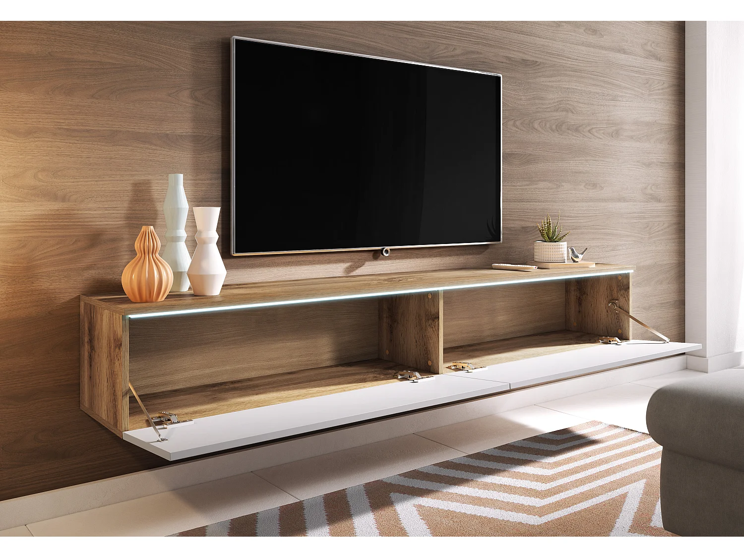 Meuble TV moderne 180 cm pour salon – 2 portes, sans poignées, mat + brillant, à poser ou à suspendre, chêne wotan / blanc brillant