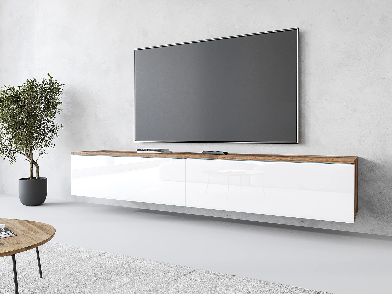 Meuble TV moderne 180 cm pour salon – 2 portes, sans poignées, mat + brillant, à poser ou à suspendre, chêne wotan / blanc brillant