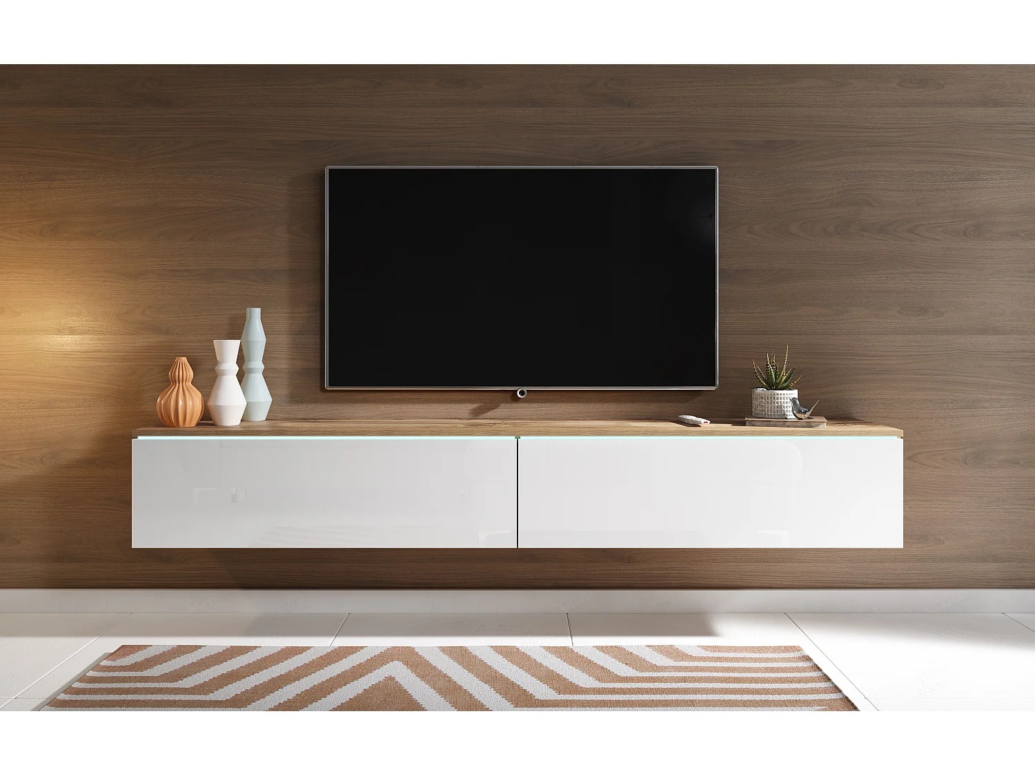 Meuble TV moderne 180 cm pour salon – 2 portes, sans poignées, mat + brillant, à poser ou à suspendre, chêne wotan / blanc brillant