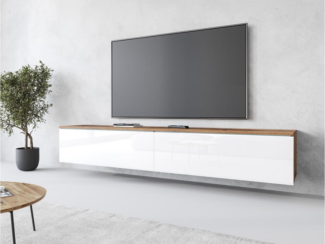 Mueble de TV moderno 180 cm para salón – 2 puertas, sin tiradores, mate + brillo, para colocar o colgar, roble wotan / blanco brillo
