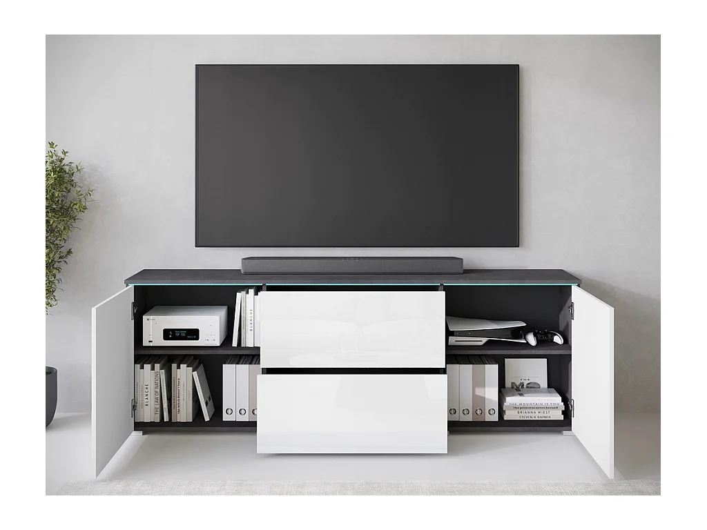 Moderne lowboard TV-meubel 180 cm – hoge TV-kast met lades en planken, romp antraciet matera, fronten hoogglans wit