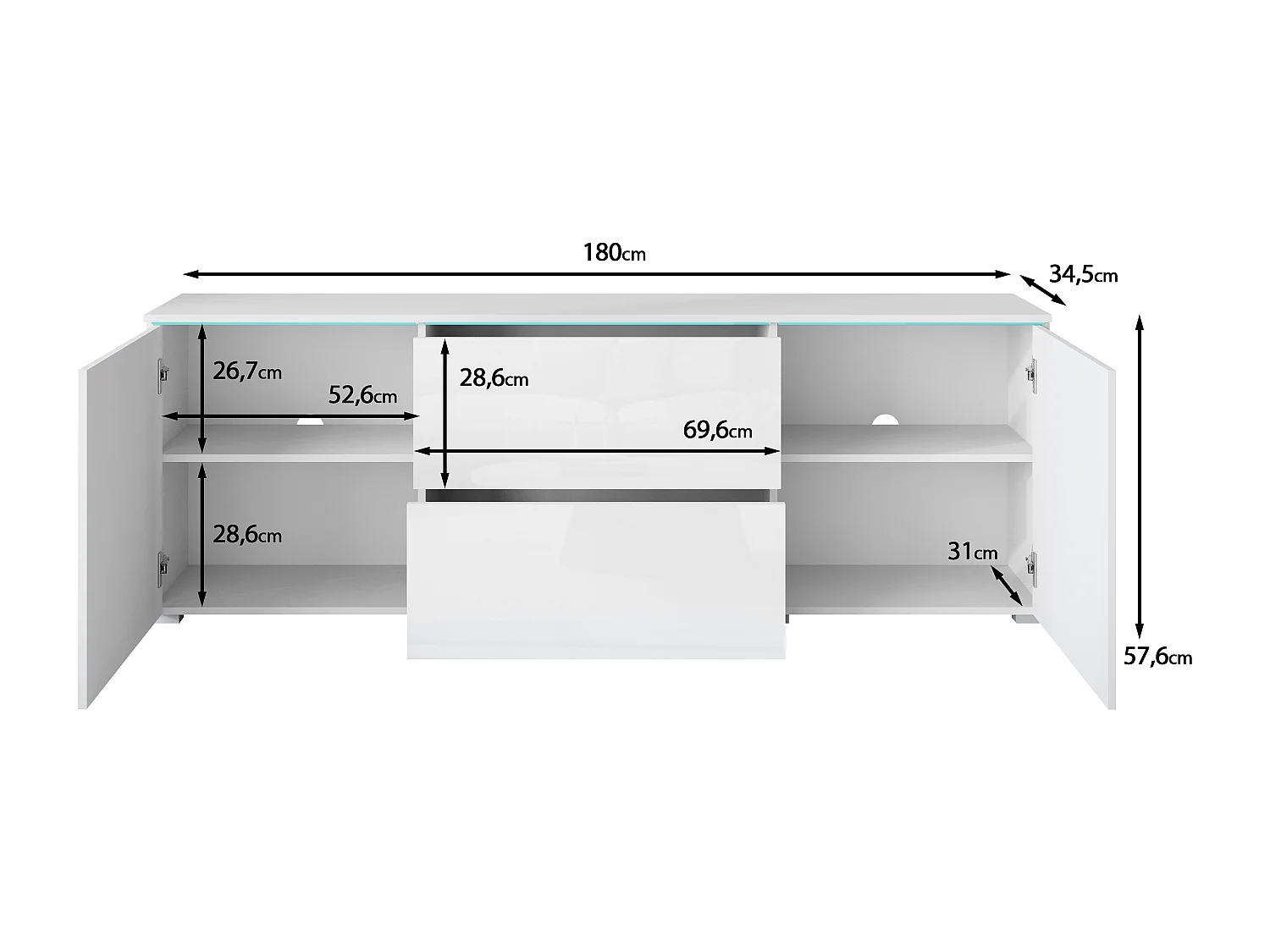 Meuble TV bas moderne 180 cm – meuble TV haut avec tiroirs et étagères, corps anthracite matera, façades blanc brillant