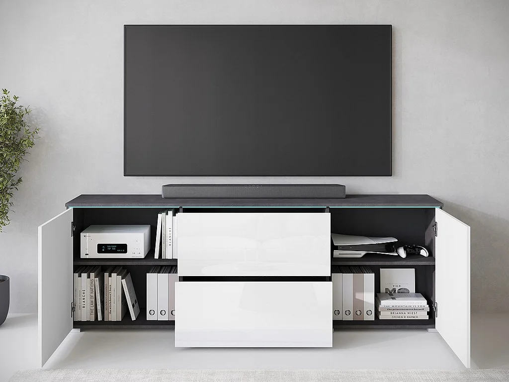 Meuble TV bas moderne 180 cm – meuble TV haut avec tiroirs et étagères, corps anthracite matera, façades blanc brillant