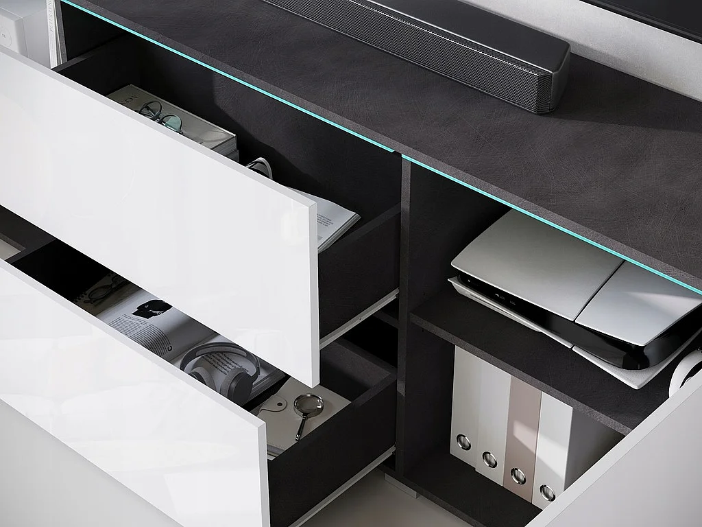 Meuble TV bas moderne 180 cm – meuble TV haut avec tiroirs et étagères, corps anthracite matera, façades blanc brillant