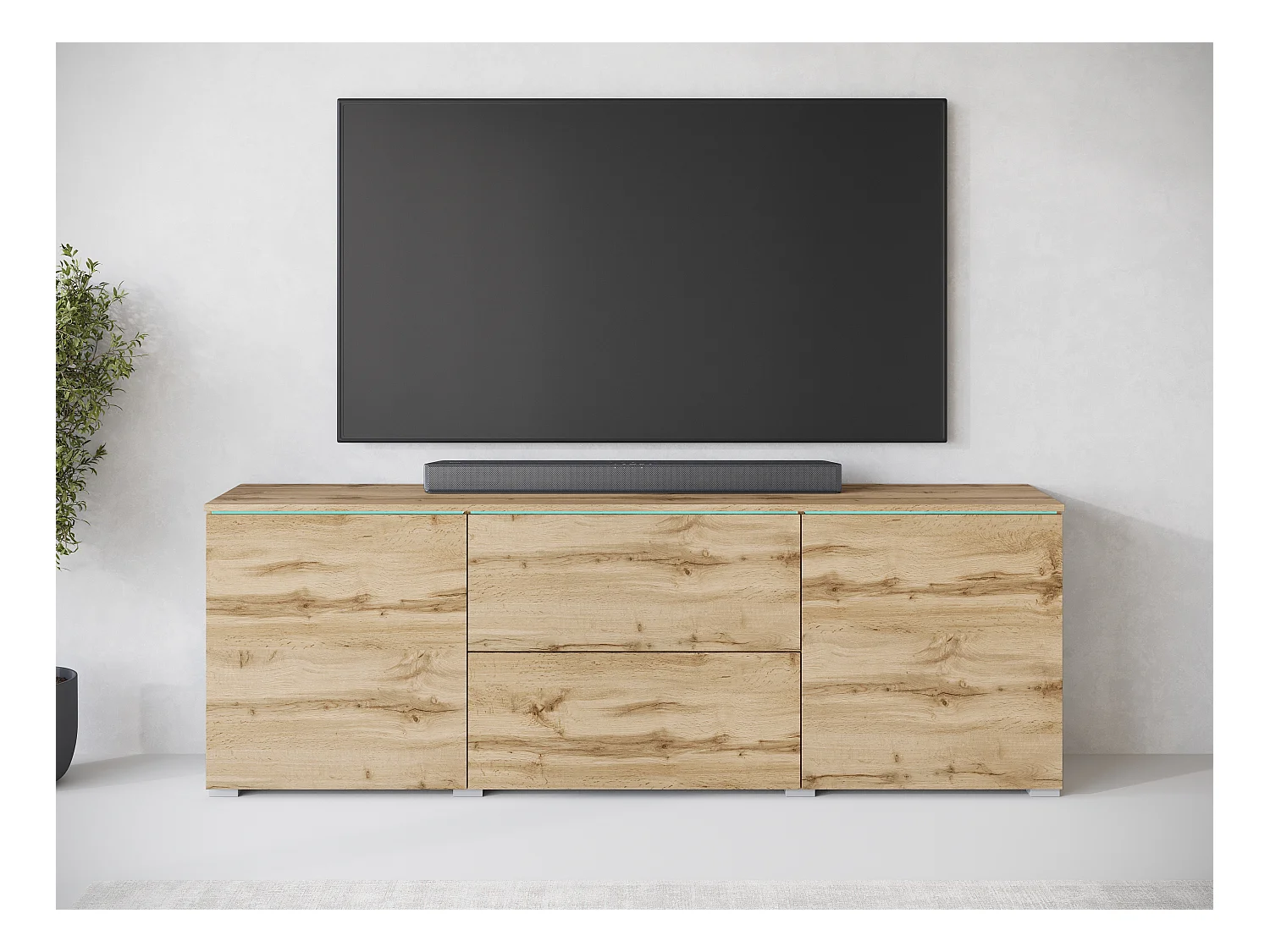 Nowoczesny lowboard RTV 180 cm – wysoka szafka pod TV z szufladami i półkami, dąb wotan mat