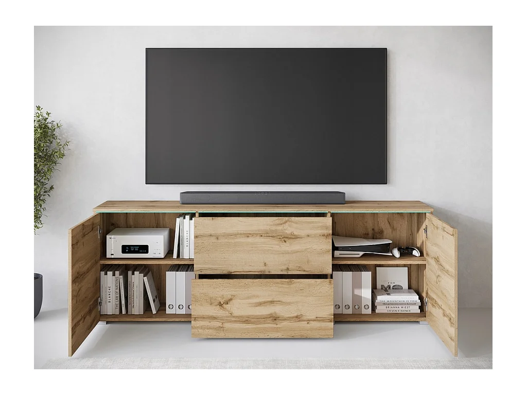 Nowoczesny lowboard RTV 180 cm – wysoka szafka pod TV z szufladami i półkami, dąb wotan mat