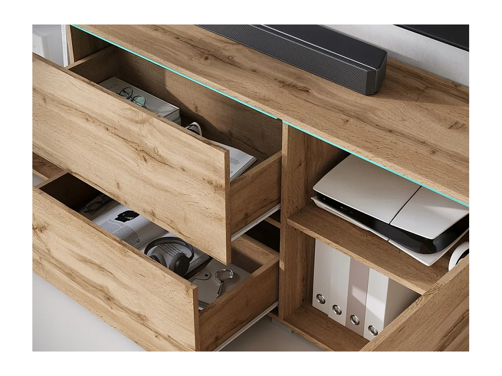 Nowoczesny lowboard RTV 180 cm – wysoka szafka pod TV z szufladami i półkami, dąb wotan mat