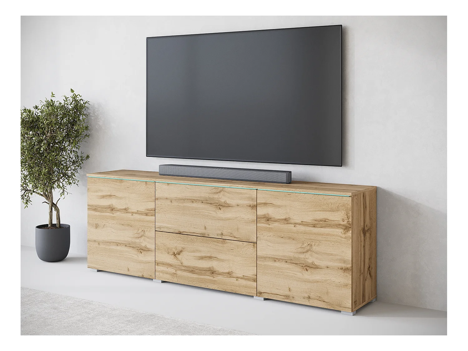 Meuble TV bas moderne 180 cm – meuble TV haut avec tiroirs et étagères, chêne wotan mat