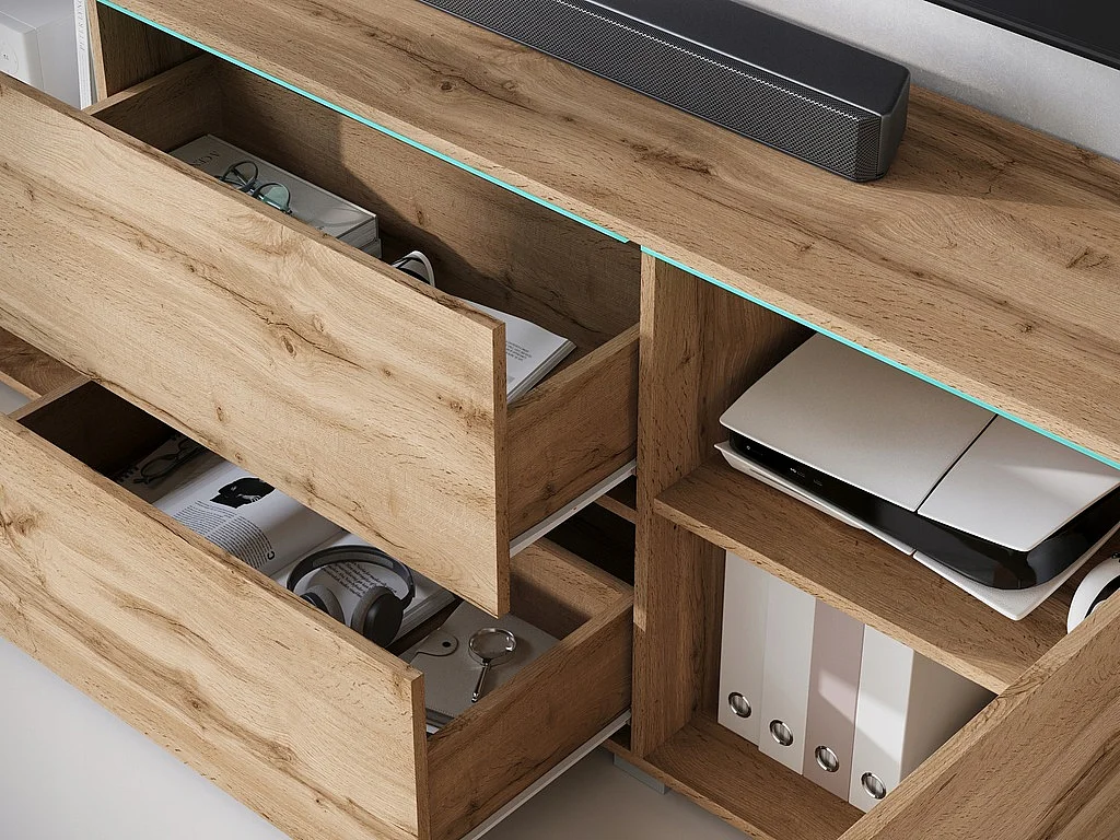 Meuble TV bas moderne 180 cm – meuble TV haut avec tiroirs et étagères, chêne wotan mat